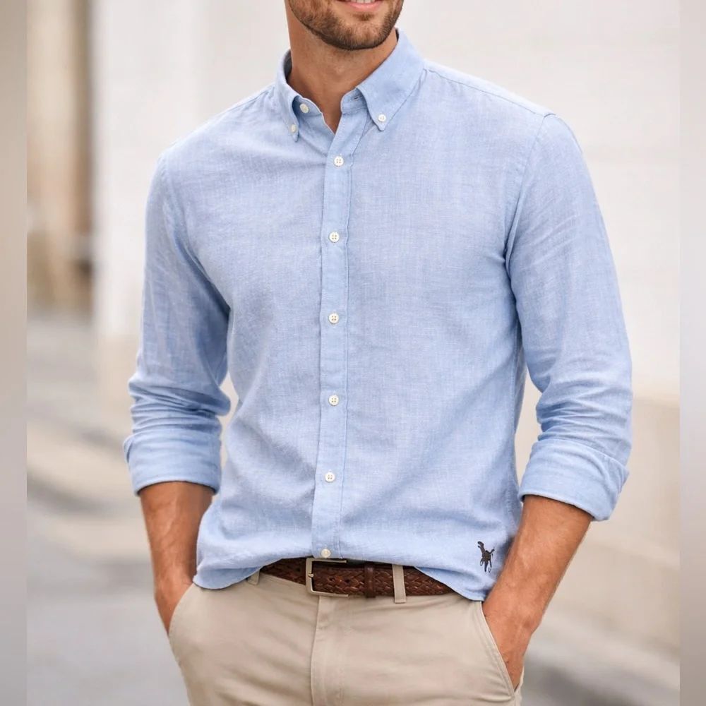 FatFace London  Men Blue Linen Button Down Shirt Casual Office Career Business M